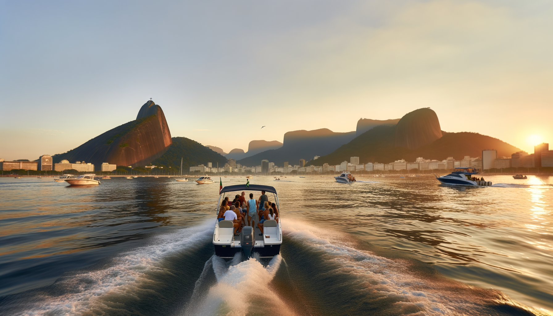 Turismo náutico no Rio de Janeiro com lancha em Guanabara com Pão de Açúcar ao fundo durante o pôr do sol.