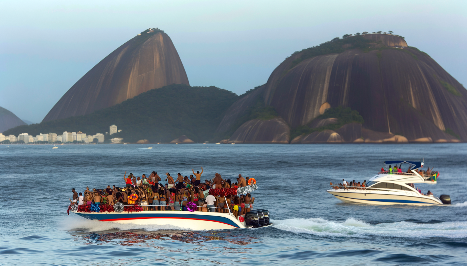 Passeio de lancha durante o Carnaval no Rio, com vista para o Pão de Açúcar e pessoas celebrando na água.