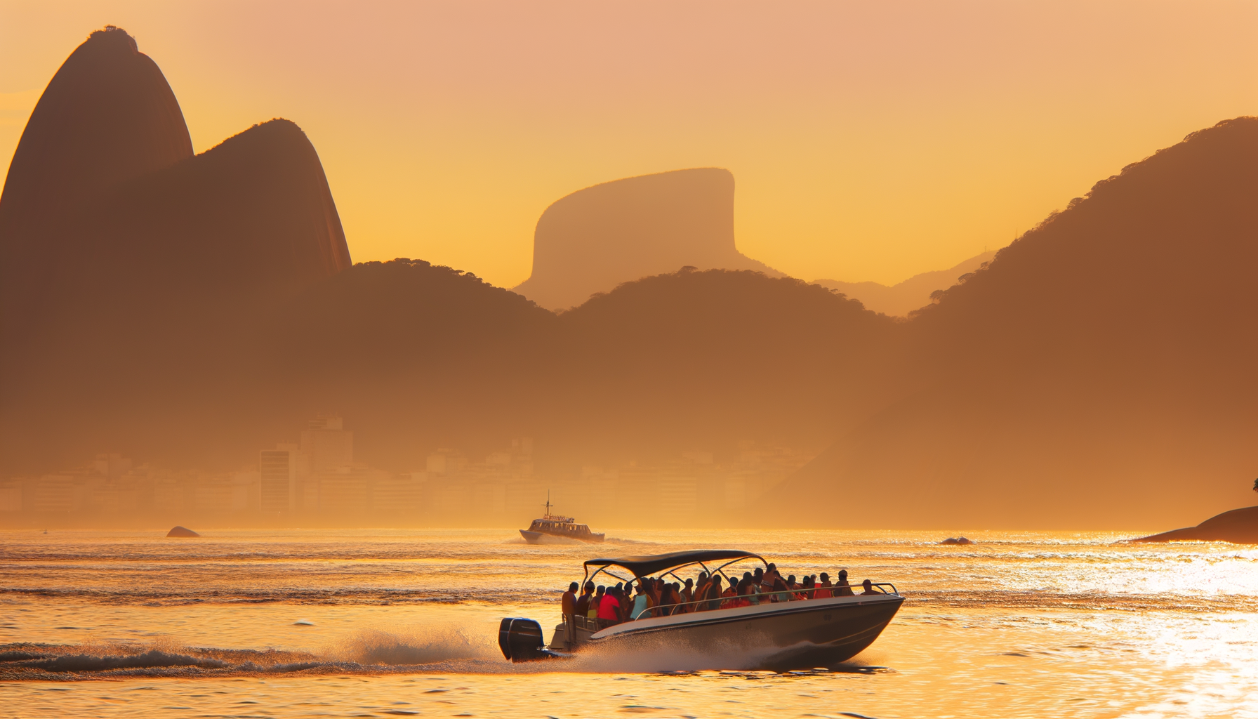 Um grupo de amigos embarcando em uma lancha durante o pôr do sol na Baía de Guanabara, com o Pão de Açúcar ao fundo.