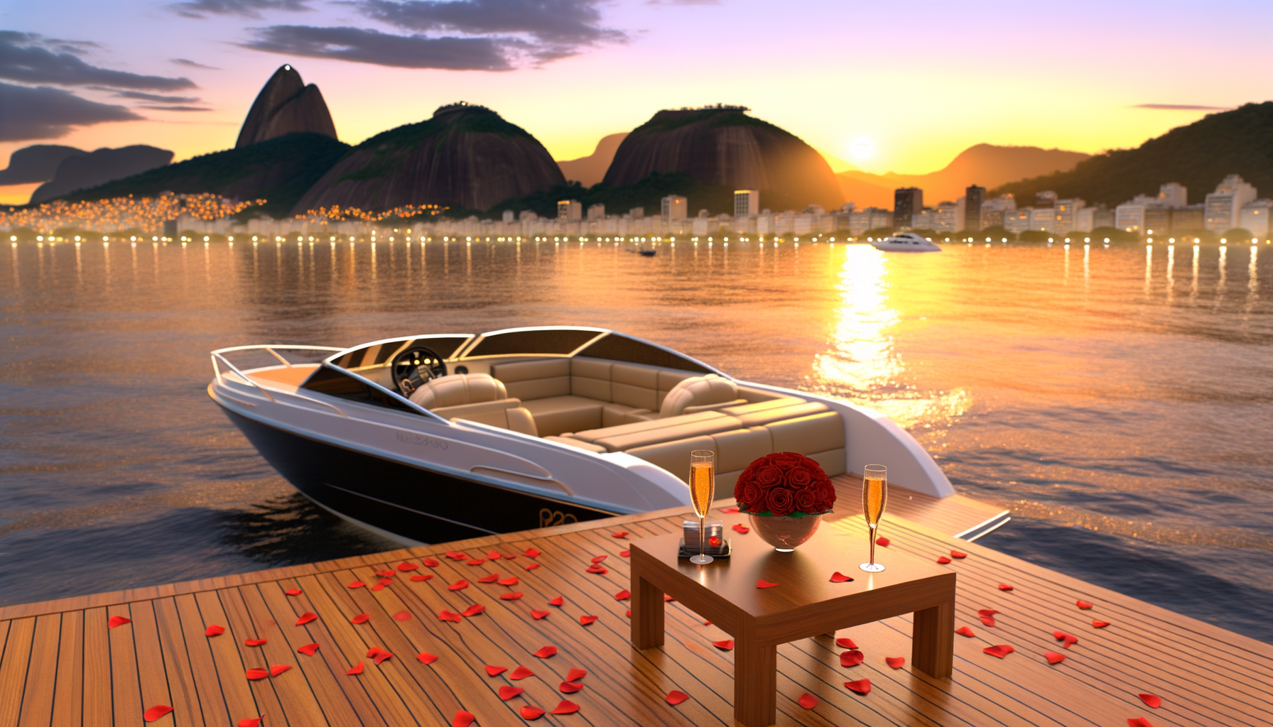 Um pedido de casamento em uma lancha no Rio de Janeiro durante o pôr do sol, com decoração de pétalas e velas a bordo.