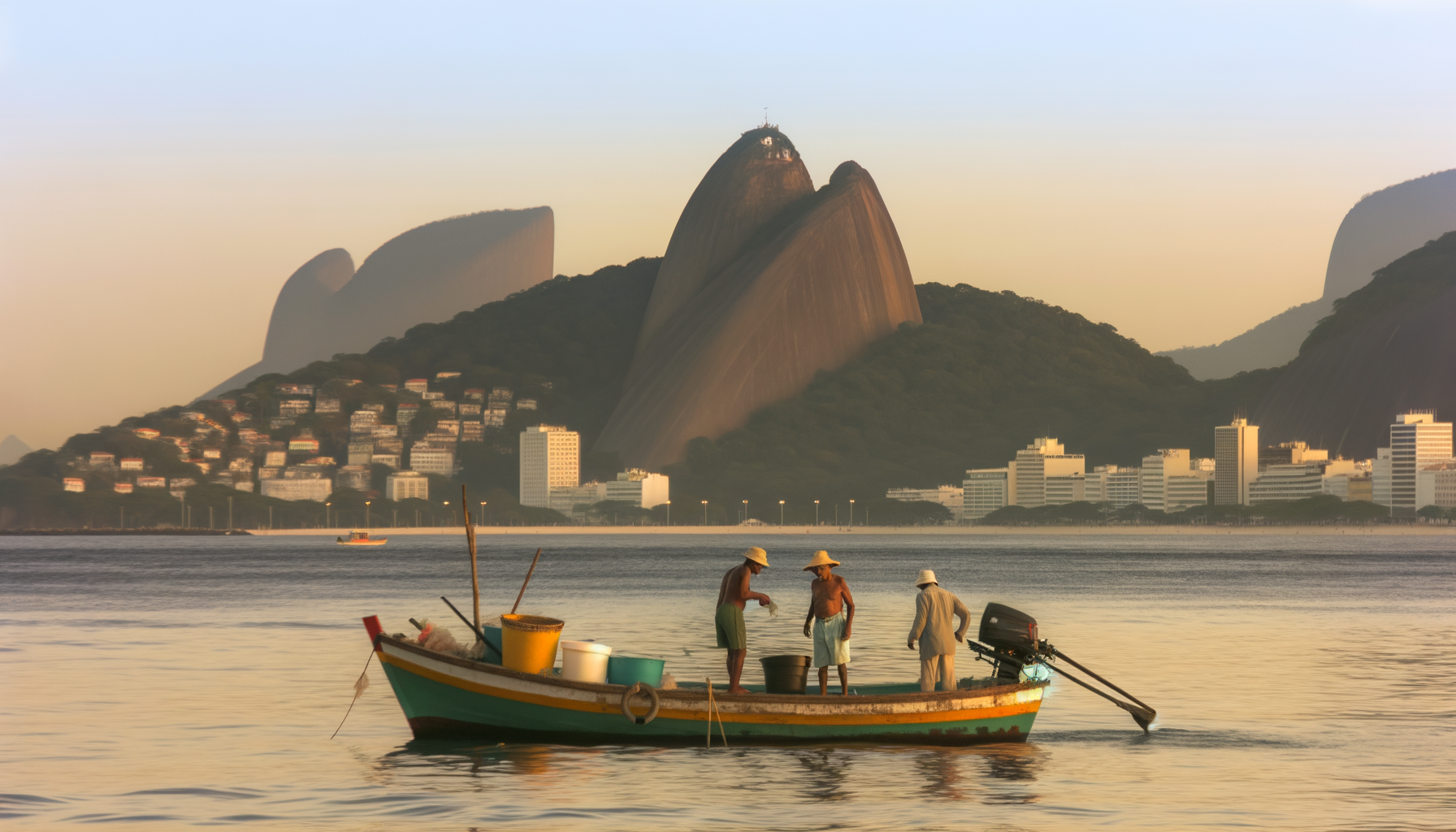 Um grupo de pescadores em uma lancha de pesca no Rio de Janeiro, com a imagem do Pão de Açúcar ao fundo durante o pôr do sol.